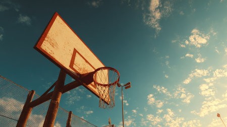 Captivating image of a basketball hoop reaching towards a vibrant sky filled with clouds, capturing the essence of outdoor sports and recreational activities.の素材