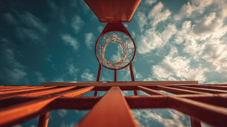 Captured from below, this image showcases a basketball hoop framed against a dynamic sky filled with clouds, evoking a sense of outdoor fun and sporting spirit.の素材
