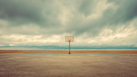 A beautiful outdoor basketball court sits empty under a dramatic sky, perfect for illustrating themes of sports, solitude, and tranquility in a natural setting.の素材