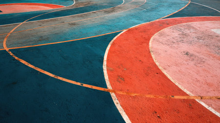 This image showcases an artistic perspective of a basketball court, featuring vibrant colors and dynamic curved lines. Ideal for design and sports themes.の素材