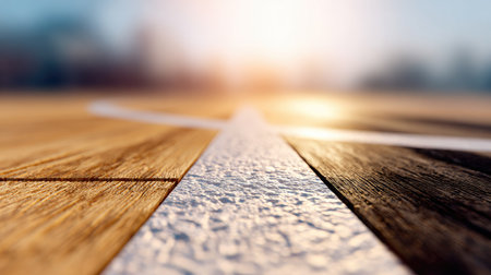 A captivating close-up view of a basketball court showing textured wood surface and a white line, bathed in warm sunset light, perfect for sports-related themes.の素材