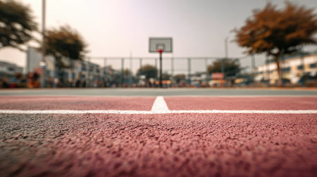 Captured from a low angle, this image showcases an empty outdoor basketball court with a vibrant ground surface and a hoop in the background, inviting play.の素材