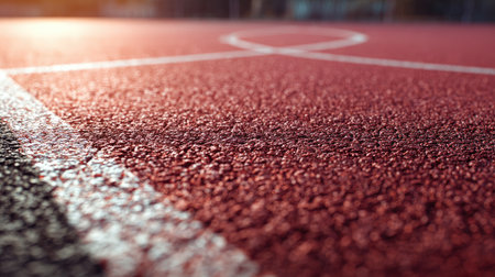 A close-up view of a bright red running track showcasing crisp white lines under soft sunlight, capturing the essence of athleticism and outdoor activity.の素材