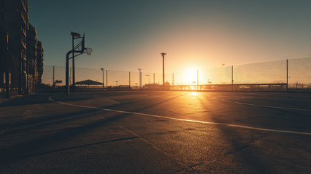 An evocative view of an empty basketball court at sunset, featuring golden light casting long shadows. This serene urban scene captures the tranquility of evening sports.の素材