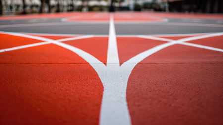 A close-up shot of a modern basketball court highlighting vibrant red and gray lines. The clean geometric design captures the energy of urban sporting activities.の素材