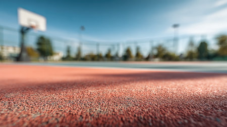 Close-up of an outdoor basketball court featuring a red textured surface with a blurred background of baskets and trees under a clear sky, representing urban leisure.の素材