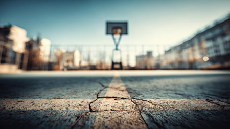 An artistic view of an urban basketball court showcasing a cracked surface and a hoop in the background, ideal for sports and city lifestyle themes.の素材
