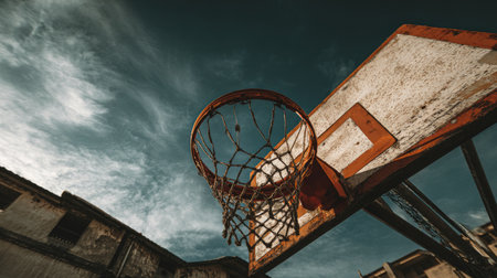 This compelling image features a rusty basketball hoop against a dramatic sky, highlighting urban decay and evoking nostalgia for outdoor play and past memories.の素材