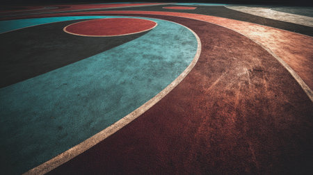 Colorful abstract pattern features curved lines and circular shapes, creating a visually striking surface for an outdoor sports court. Ideal for design inspiration.の素材