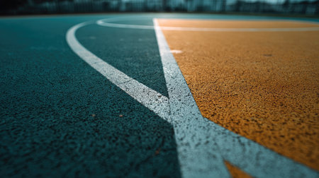 This image captures a striking close-up of basketball court lines on a vibrant surface, emphasizing texture and color contrast in natural light. Perfect for sports-related themes.の素材