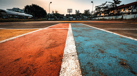 An engaging image of a vibrant basketball court featuring colorful markings at sunset, highlighting the empty space ready for action and play.の素材