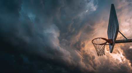 A striking image of a basketball hoop framed against a tumultuous sky filled with dark clouds illuminated by an enchanting sunset, capturing a mood of anticipation.の素材