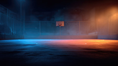 A stunning nighttime scene of a basketball court illuminated by dramatic blue and orange lighting, creating a calm yet energetic atmosphere. Perfect for sports themes.の素材