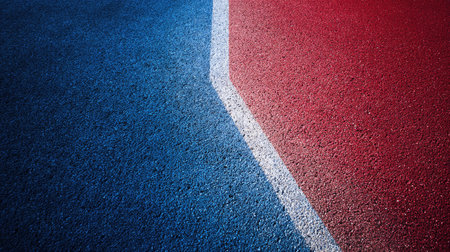 A striking close-up of a textured sports court showcasing vibrant blue and red colors with a white line, perfect for conveying energy and competition in sports activities.の素材
