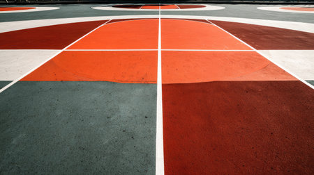Explore an artistic view of a sports court displaying vibrant geometric shapes and colors, emphasizing creativity and urban play. Perfect for showcasing modern design.の素材