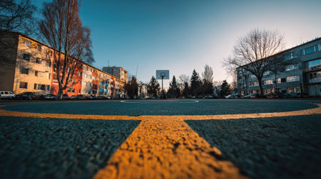 A tranquil view of an urban basketball court during sunset, framed by residential buildings and trees, offering a peaceful atmosphere for sports and leisure activities.の素材