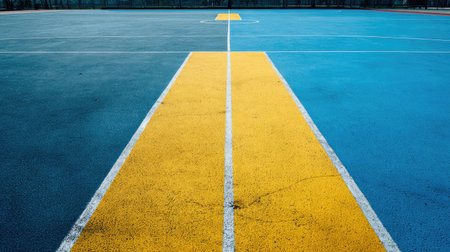 A vibrant and abstract image of a basketball court showcasing clean lines and vivid colors, emphasizing the texture and geometric patterns of the surface.の素材