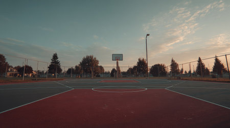 A tranquil basketball court sits empty under a beautiful sunset, surrounded by trees and fencing, perfect for capturing the essence of outdoor leisure and community spirit.の素材