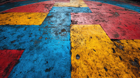 A close-up view of a colorful abstract pattern featuring vibrant sections of blue, red, and yellow on a weathered surface, ideal for creative projects and backgrounds.の素材