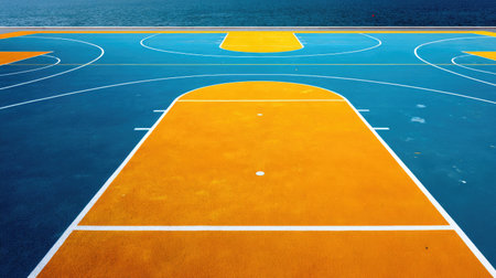 A stunning overhead view of a vibrant basketball court featuring bold blue and orange designs, perfectly set against a serene waterfront backdrop ideal for sports activities.の素材