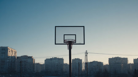 A minimalist silhouette of a basketball hoop with a clear sky and apartment buildings in the background, creating a vibrant urban landscape during sunset.の素材