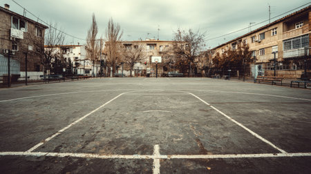 A wide shot capturing an abandoned outdoor basketball court nestled between residential buildings, showcasing a quiet, atmospheric scene under a cloudy sky.の素材