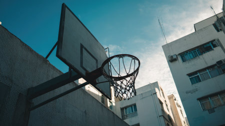 A striking image of a basketball hoop framed against a bright blue sky and surrounded by urban buildings, capturing the essence of city life and sports culture.の素材
