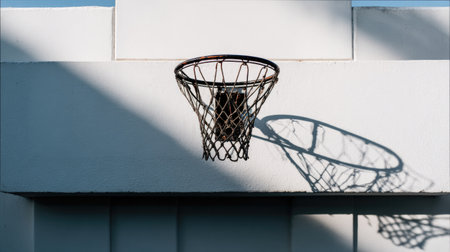 A solitary basketball hoop mounted on a smooth white wall casts an intricate shadow, creating a serene playground scene on a sunny day, perfect for sports enthusiasts.の素材