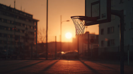A stunning image featuring a basketball hoop silhouetted against a vibrant sunset in an urban setting, highlighting the serene atmosphere for evening sports and recreation.の素材