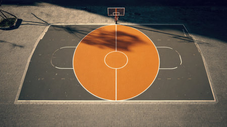 This aerial view showcases a unique urban basketball court featuring a vibrant orange design. The empty space highlights its lines and shadows, perfect for sports enthusiasts.の素材