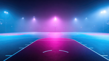 A stunning basketball court glows under vibrant lights in a foggy night setting, creating an inviting atmosphere for urban sports and community engagement.の素材