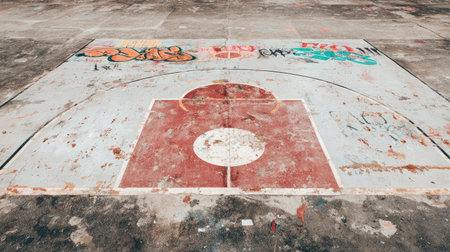 An aerial view of an abandoned basketball court adorned with colorful graffiti and a worn-out surface, depicting urban decay and expressive street art.の素材