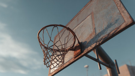A close-up view of a classic basketball hoop set against a vibrant sky, showcasing its weathered net and backboard, symbolizing outdoor sports and recreational activities.の素材