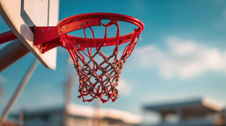 Capture the essence of outdoor basketball with this close-up image of a hoop and net against a stunning sky. Ideal for sports-themed projects and vibrant designs.の素材