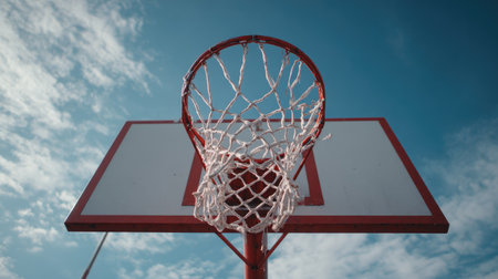 A vivid basketball hoop set against a brilliant blue sky, showcasing the essence of outdoor sports. Perfect for capturing the spirit of athleticism and leisure activities.の素材