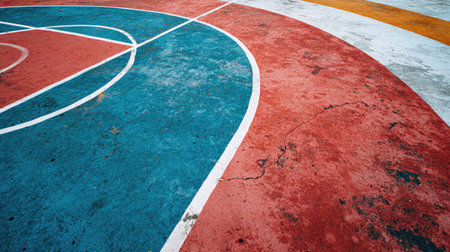 A close-up view of a basketball court showcasing vibrant red and blue colors intertwined with white lines. The surface exhibits cracks, adding texture and character.の素材