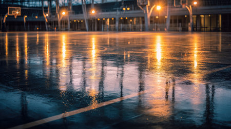 A serene view of a basketball court after rain, showcasing reflections on a wet surface illuminated by warm streetlight glow, inviting tranquility and beauty.の素材