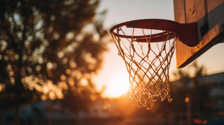 This captivating image features a basketball hoop illuminated by the warm glow of a sunset, surrounded by lush trees, epitomizing outdoor sports and relaxation.の素材