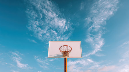 A vibrant basketball hoop stands tall against a clear blue sky adorned with wispy clouds, symbolizing outdoor sports and a spirit of fun, freedom, and competition.の素材