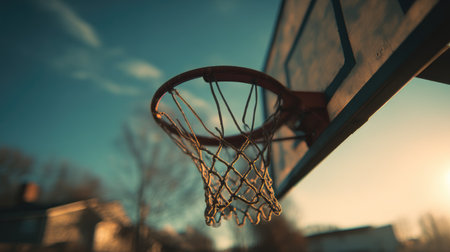 A stunning close-up view of a basketball hoop silhouetted against a colorful sunset, embodying the spirit of outdoor sports and the joy of community activities.の素材