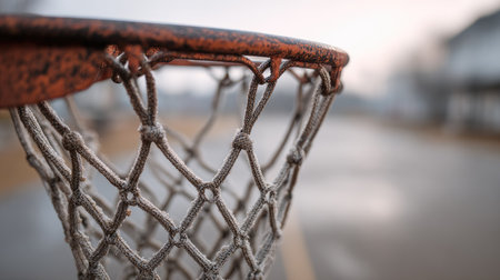 This detailed image captures a basketball hoop's frosty net at dusk, encapsulating the essence of outdoor sports in a tranquil urban environment.の素材