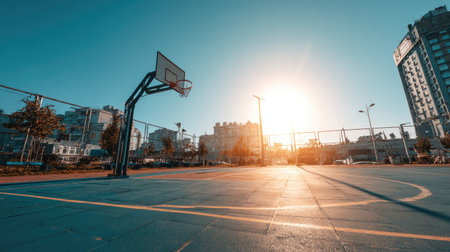 A serene view of an empty basketball court at sunset, showcasing vibrant colors and modern architecture in an urban environment. Ideal for leisure and sport themes.の素材