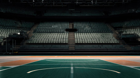 This image portrays an empty basketball court in a dark arena, highlighting green and orange flooring under bright lights, creating a tranquil yet dynamic scene.の素材