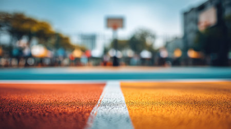 A captivating view of a colorful urban basketball court taken from a low angle, showing the vibrant ground details against a blurred background of players and action.の素材