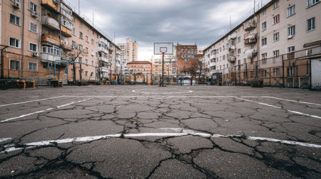 An empty urban basketball court features a cracked surface, surrounded by residential buildings under a cloudy sky, capturing the essence of city life and sports.の素材