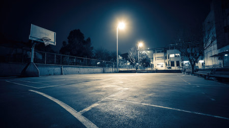 A serene and quiet nighttime scene of an abandoned basketball court illuminated by streetlights. The urban landscape and empty surroundings create a tranquil atmosphere.の素材