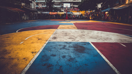 A captivating urban basketball court showcases vibrant colors and unique patterns, inviting community engagement and highlighting the spirit of street sports culture.の素材