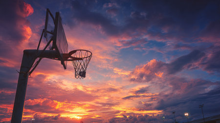 A stunning silhouette of a basketball hoop set against a breathtaking sunset, showcasing a vibrant sky filled with dramatic colors and cloud formations. Perfect for sports themes.の素材