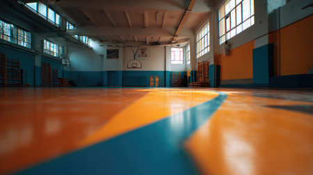 This vibrant gymnasium features an empty basketball court with striking floor markings and ample natural light, creating an inviting atmosphere for sports and activities.の素材