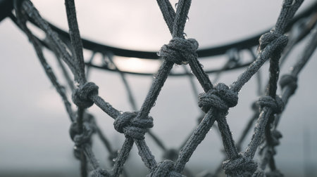 This image captures a close-up view of a basketball hoop net, showcasing raindrops on the ropes against a moody overcast sky. Perfect for sports themes.の素材